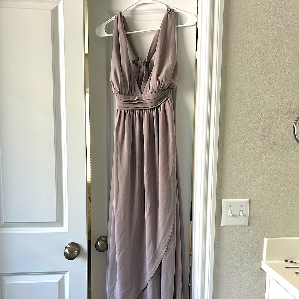 Lulu’s lilac maxi dress, tie-halter.